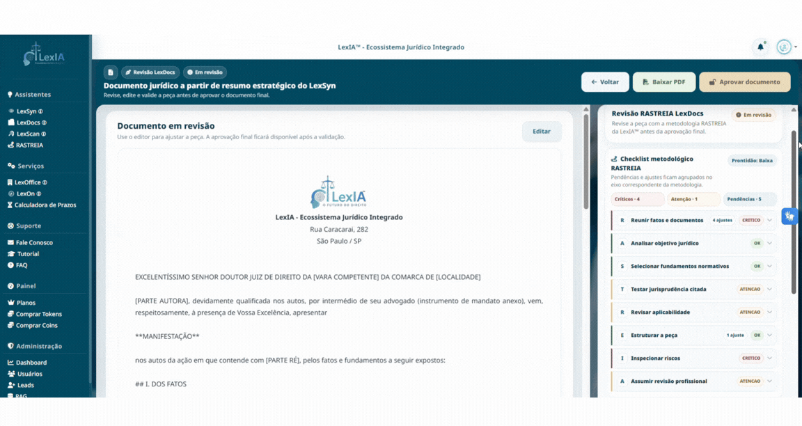 Demonstração do RASTREIA e análise de melhorias no LexDocs da LexIA™