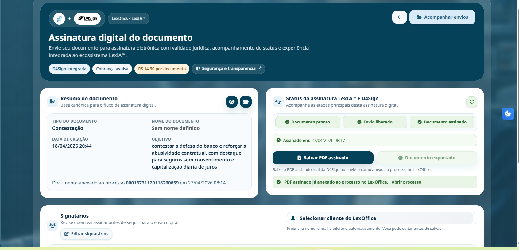 Assinatura digital via D4Sign dentro da LexIA™