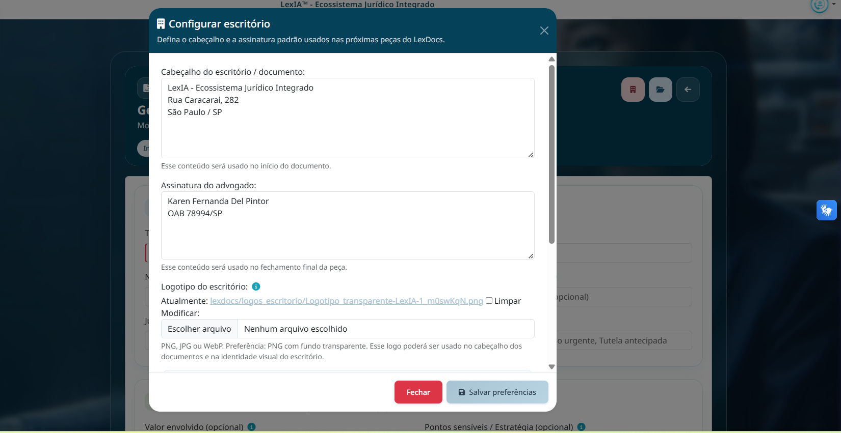 Configuração do escritório no LexDocs