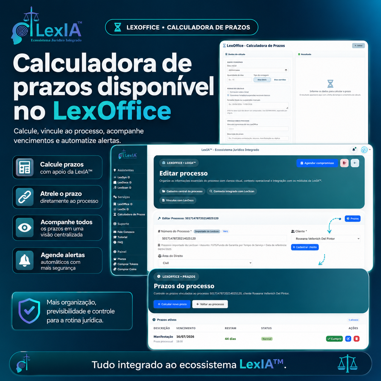 Tela da calculadora de prazos processuais da LexIA™ com linha do tempo visual