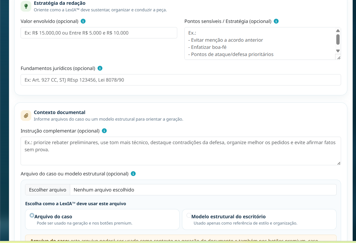 LexIA™ com estratégia de redação e contexto documental para advogados