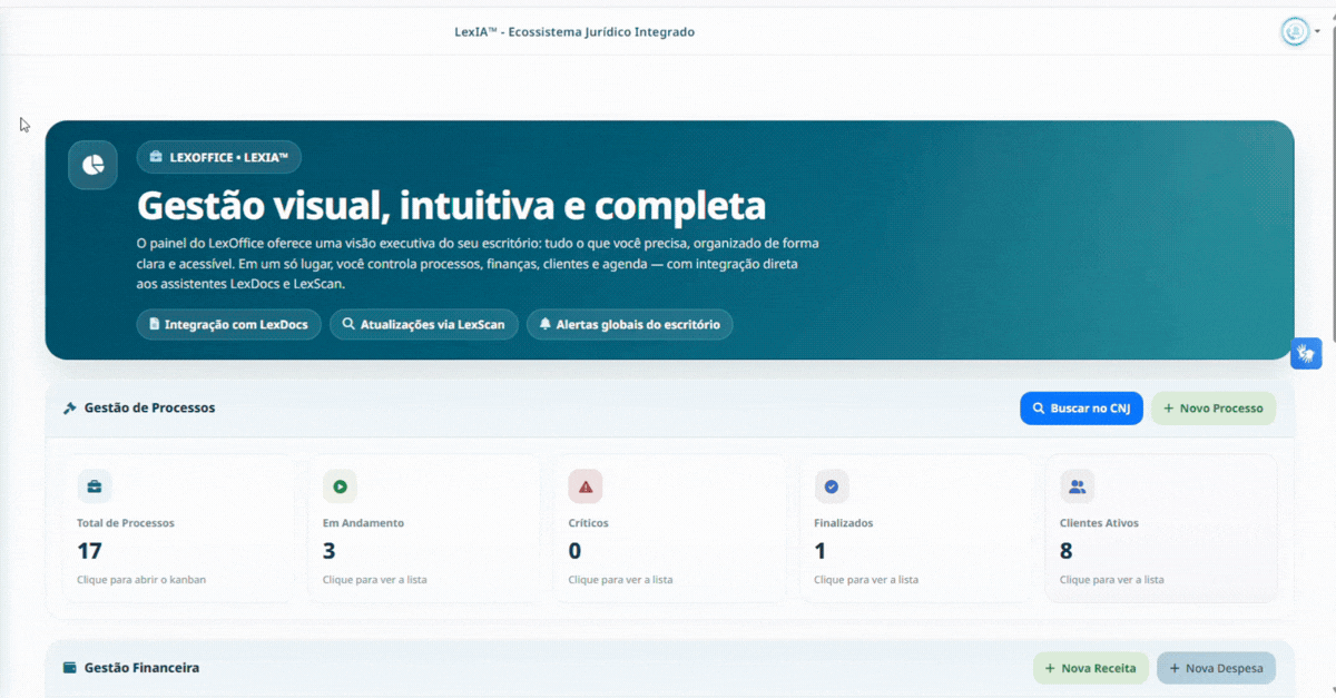 LexOffice com visão geral da gestão jurídica do escritório