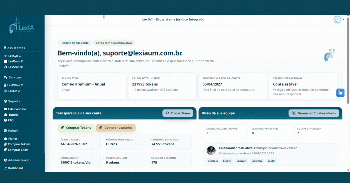 Dashboard da conta LexIA™ com visão geral do usuário