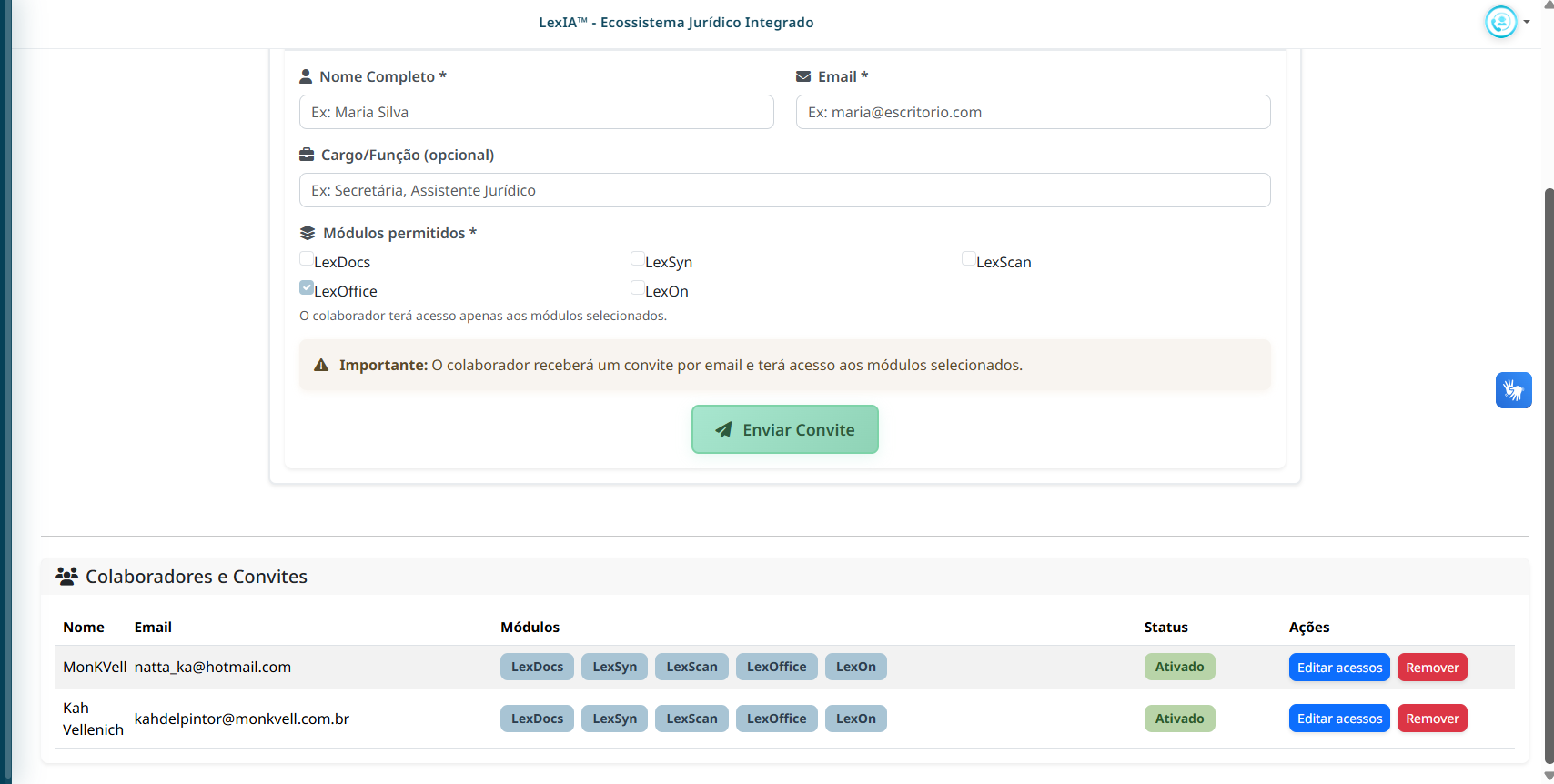 Gerenciamento de colaboradores na LexIA™