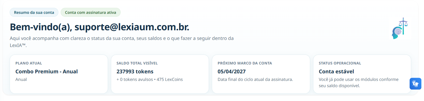 Resumo principal da conta no dashboard LexIA™