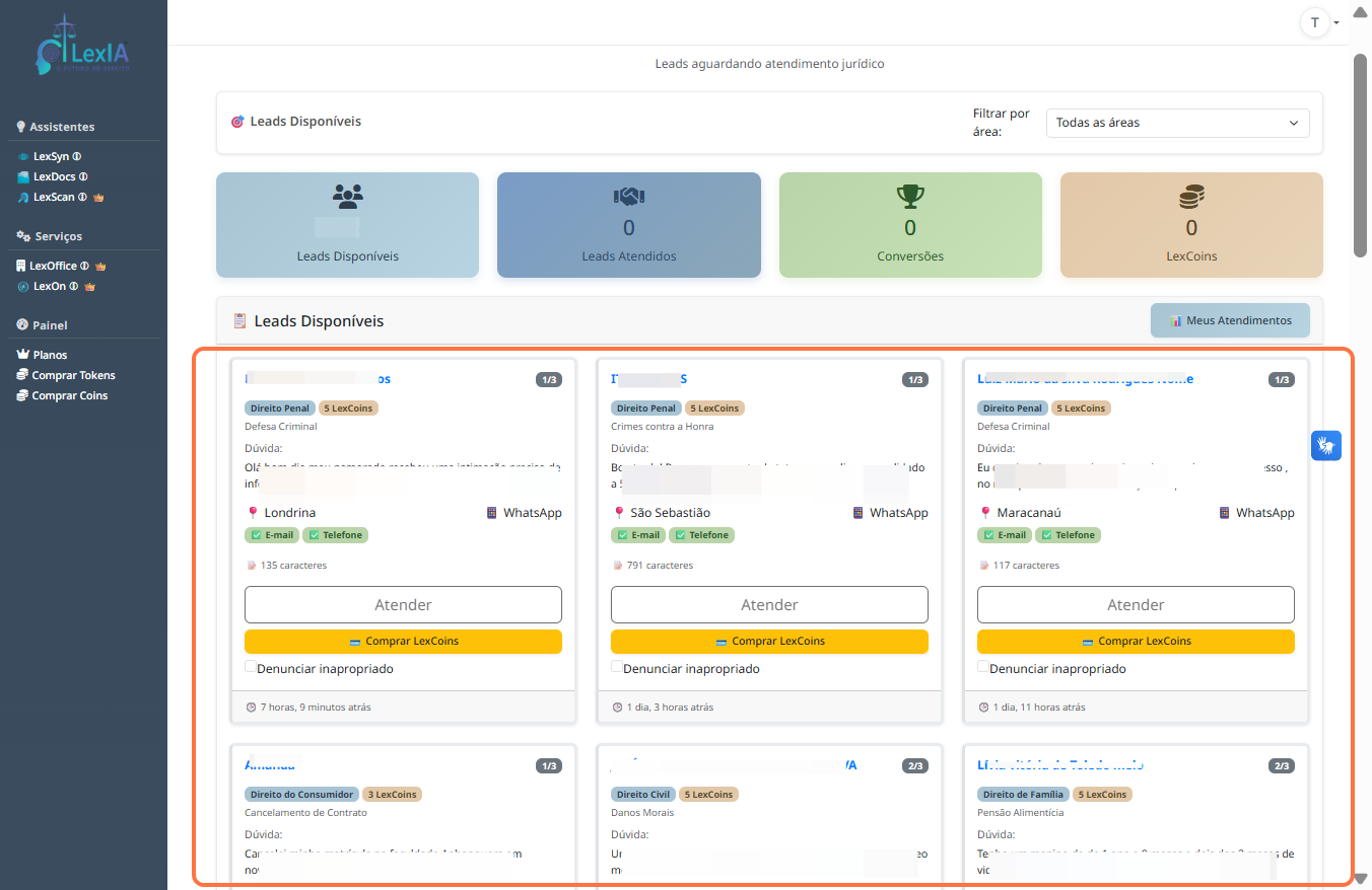 LexOn com visão geral dos leads jurídicos